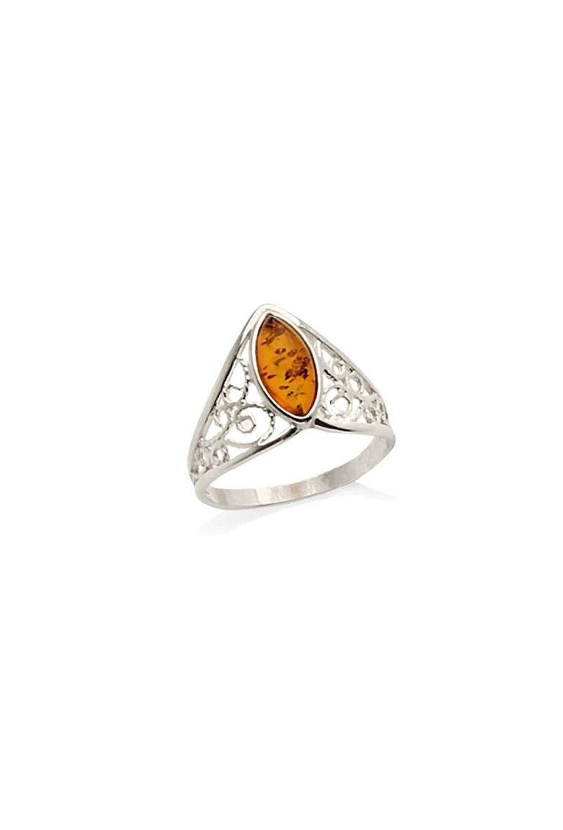 Bague avec ambre cognac de la baltique navette argent 925 - RIVE GAUCHE