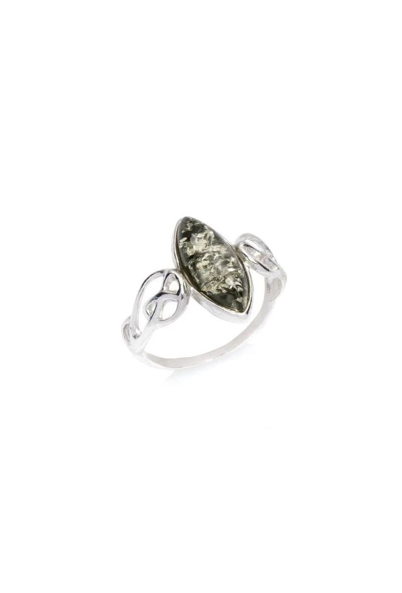 Bague avec ambre verte de la baltique navette argent 925 - RIVE GAUCHE