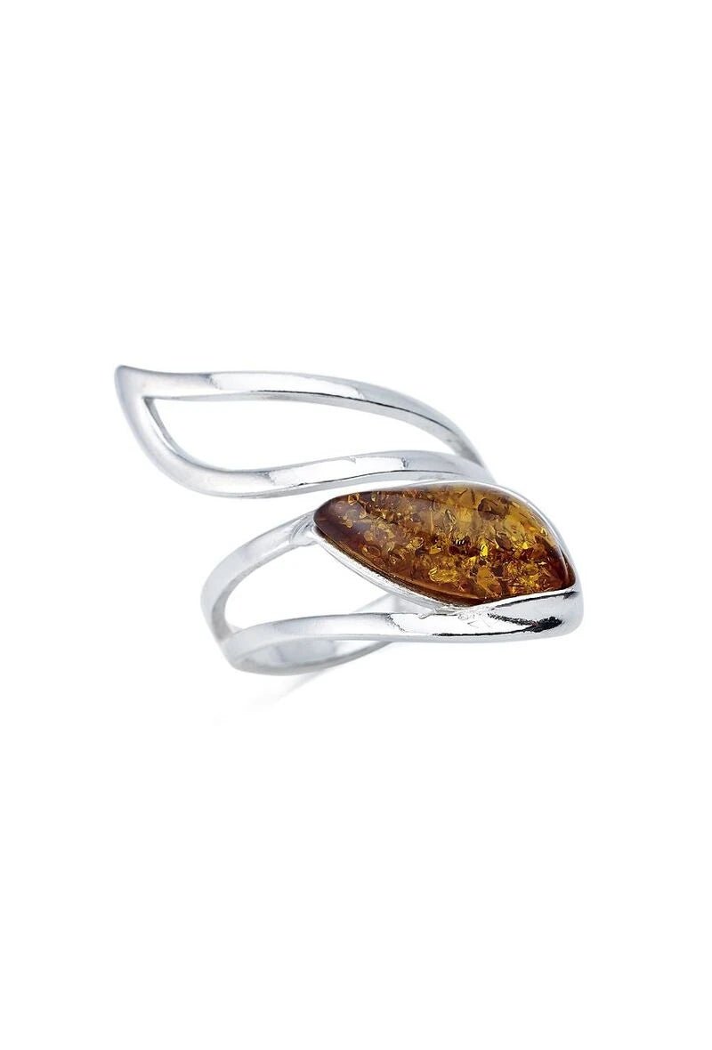 Bague créateur avec ambre cognac de la baltique navette argent 925 - RIVE GAUCHE
