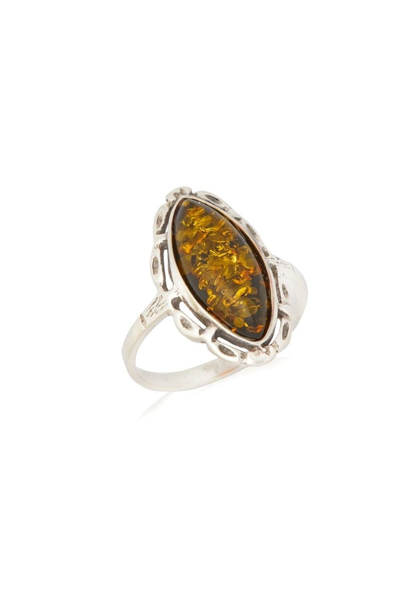 Bague en argent avec belle ambre verte navette - RIVE GAUCHE
