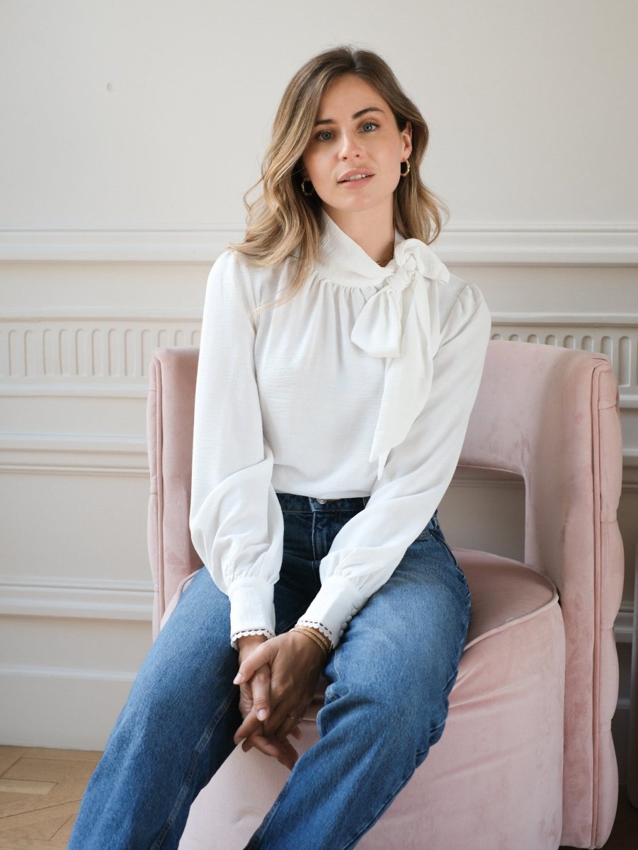 Blouse blanche texturée col lavallière et dos ouvert - RIVE GAUCHE
