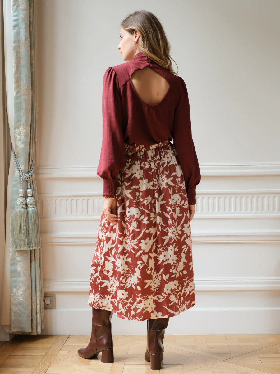 Blouse bordeaux texturée col lavallière et dos ouvert - RIVE GAUCHE