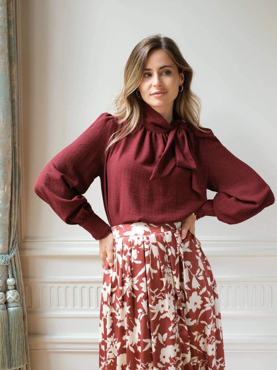 Blouse bordeaux texturée col lavallière et dos ouvert - RIVE GAUCHE