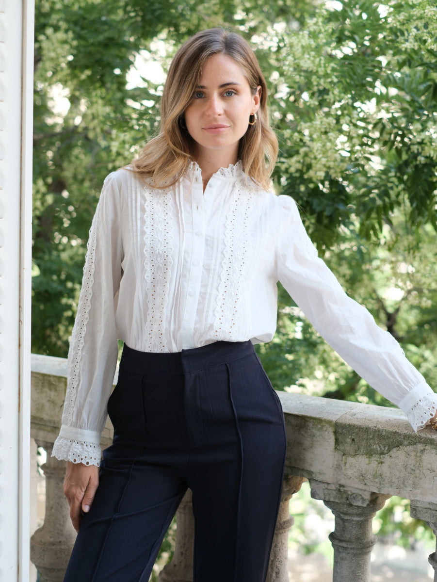Blouse en coton brodé à col montant volanté - RIVE GAUCHE