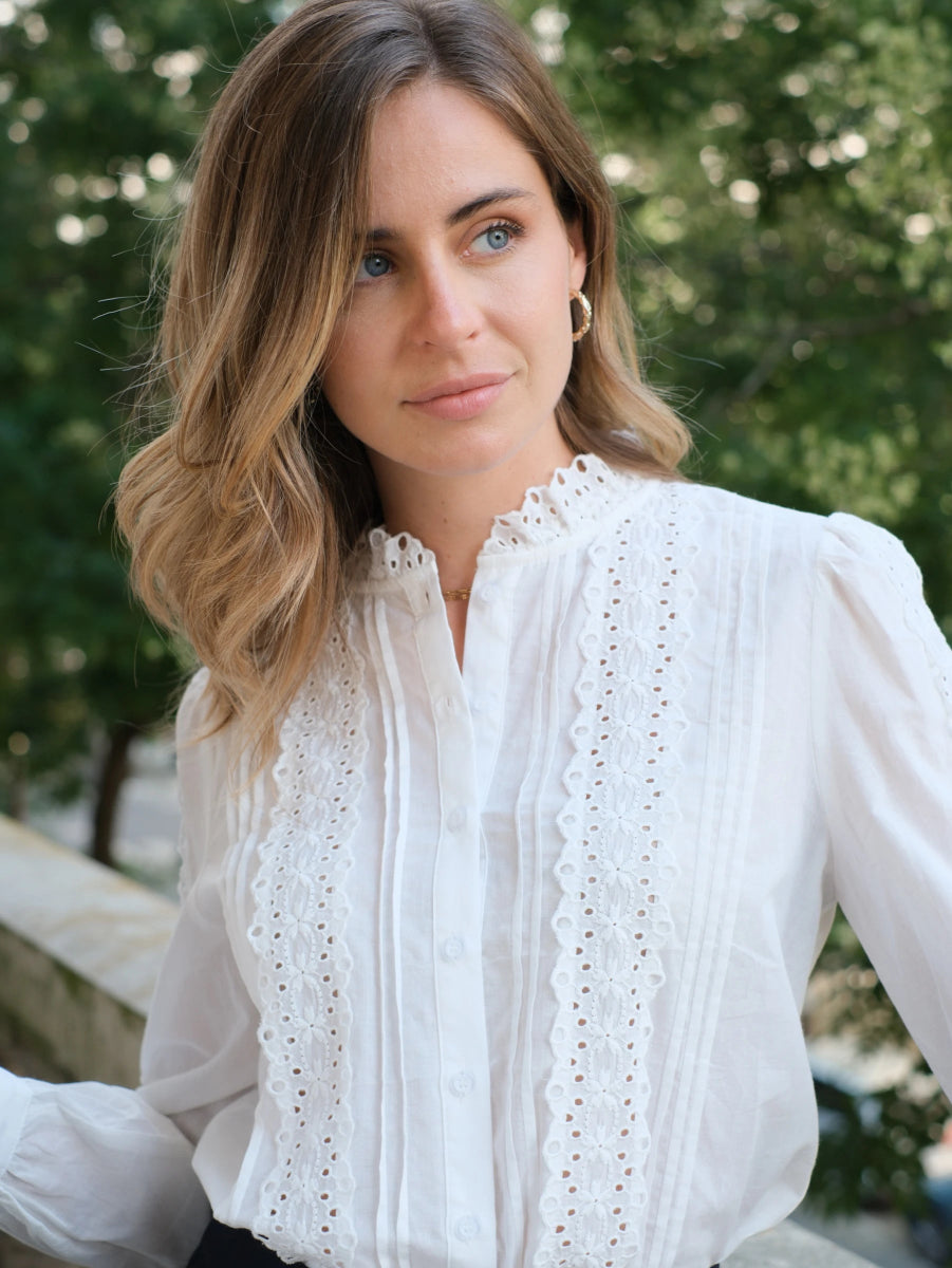 Blouse en coton brodé à col montant volanté - RIVE GAUCHE