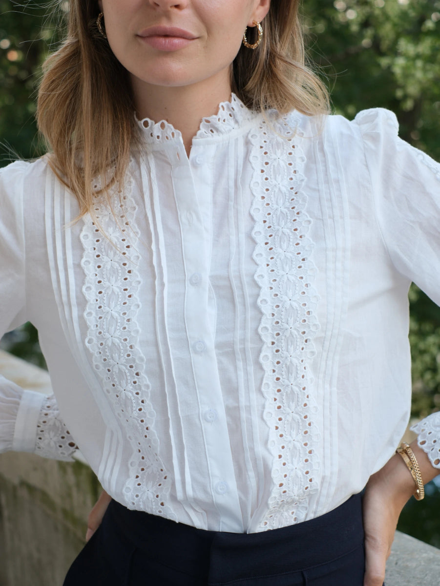 Blouse en coton brodé à col montant volanté - RIVE GAUCHE