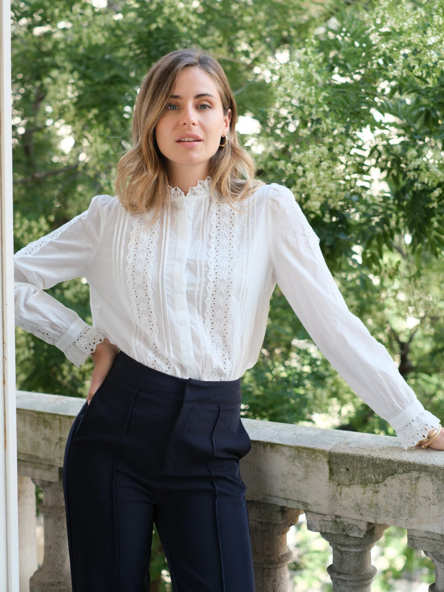 Blouse en coton brodé à col montant volanté - RIVE GAUCHE