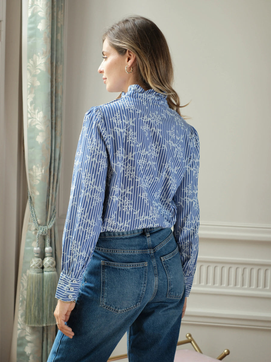 Blouse rayée brodée à col volanté - RIVE GAUCHE