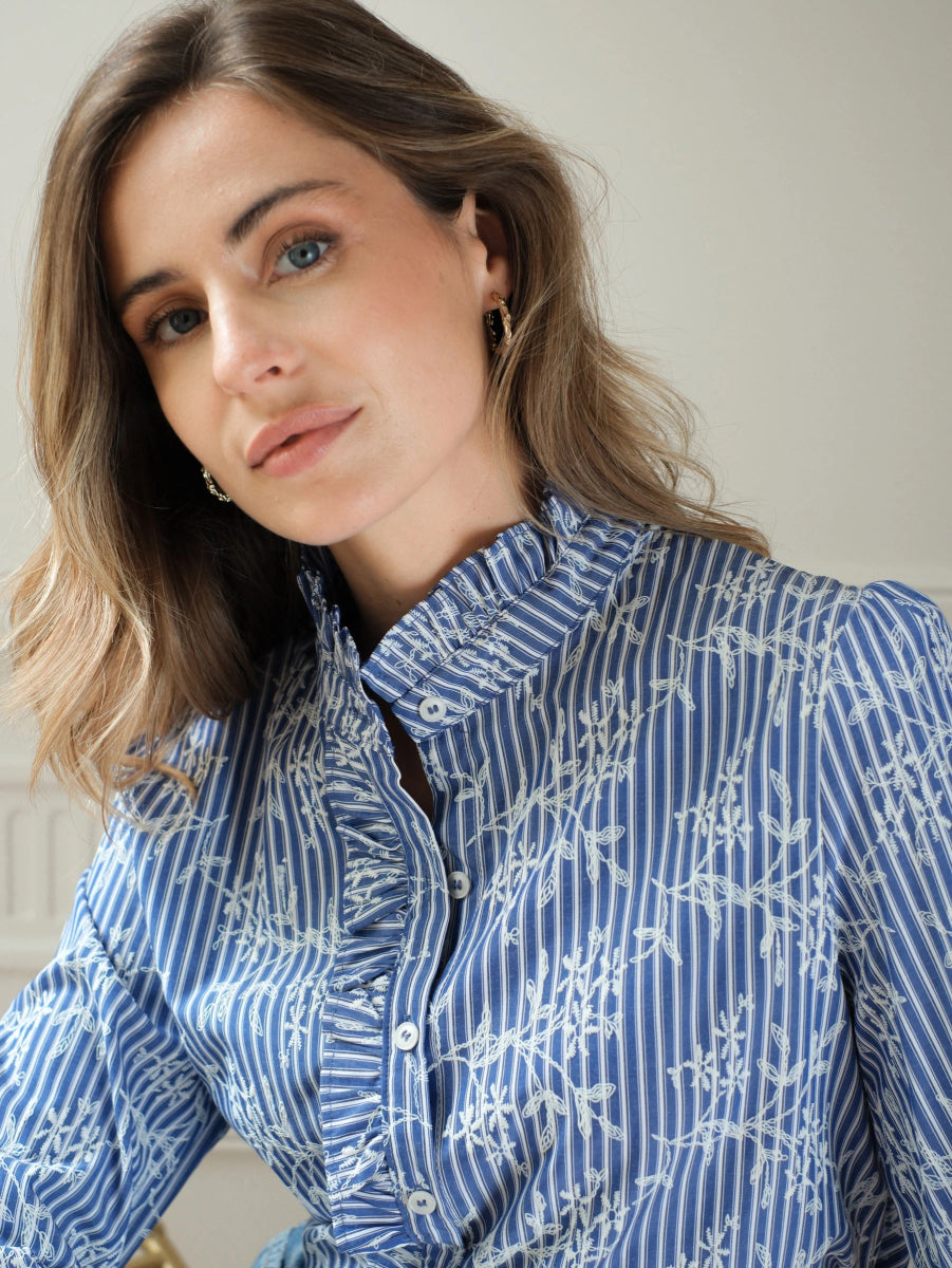 Blouse rayée brodée à col volanté - RIVE GAUCHE