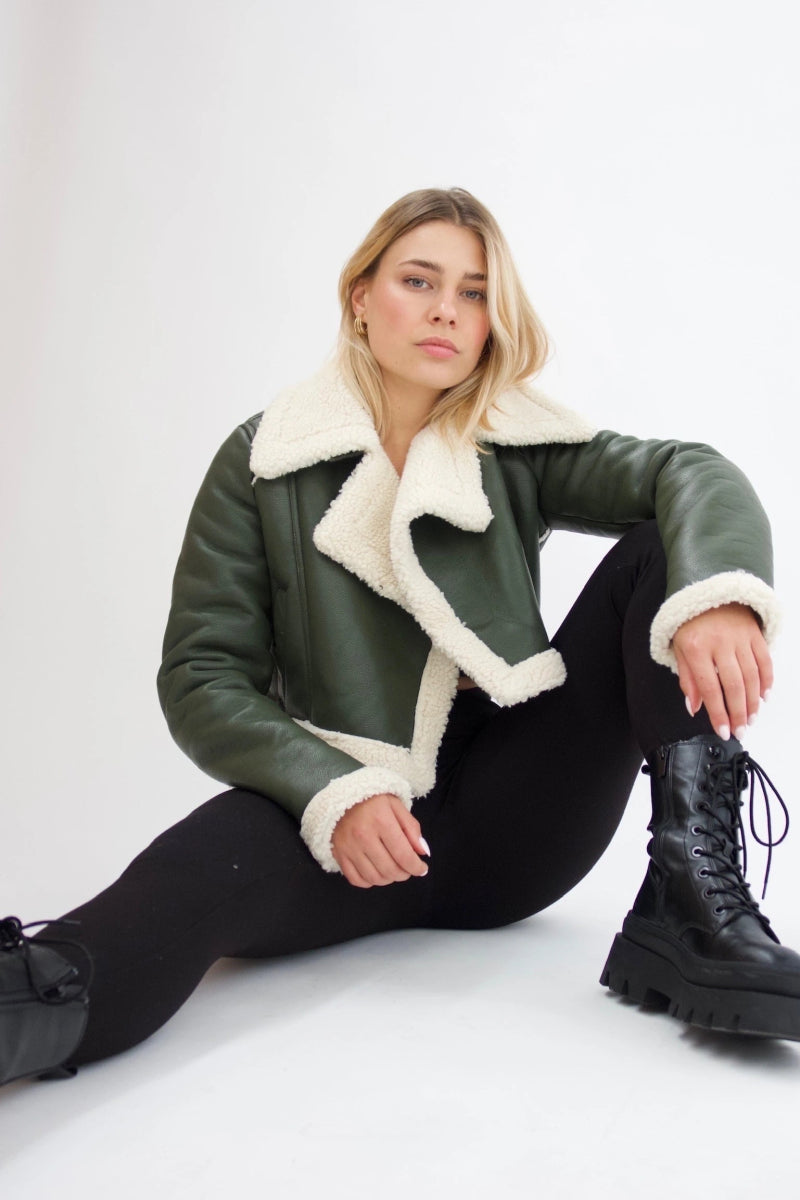 Blouson aviateur kaki en similicuir et moumoute - RIVE GAUCHE