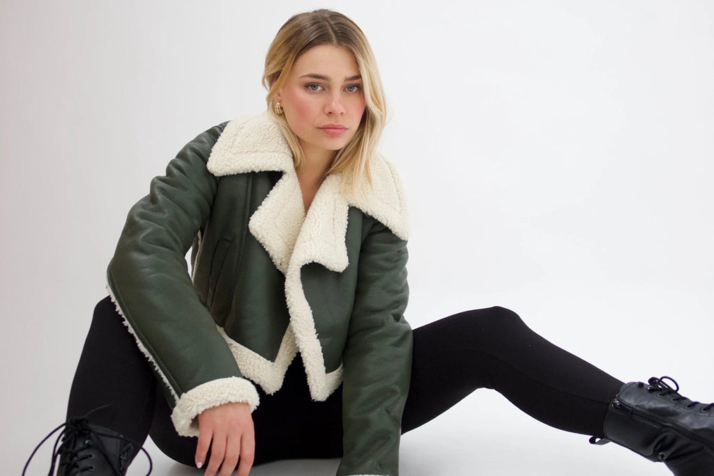 Blouson aviateur kaki en similicuir et moumoute - RIVE GAUCHE