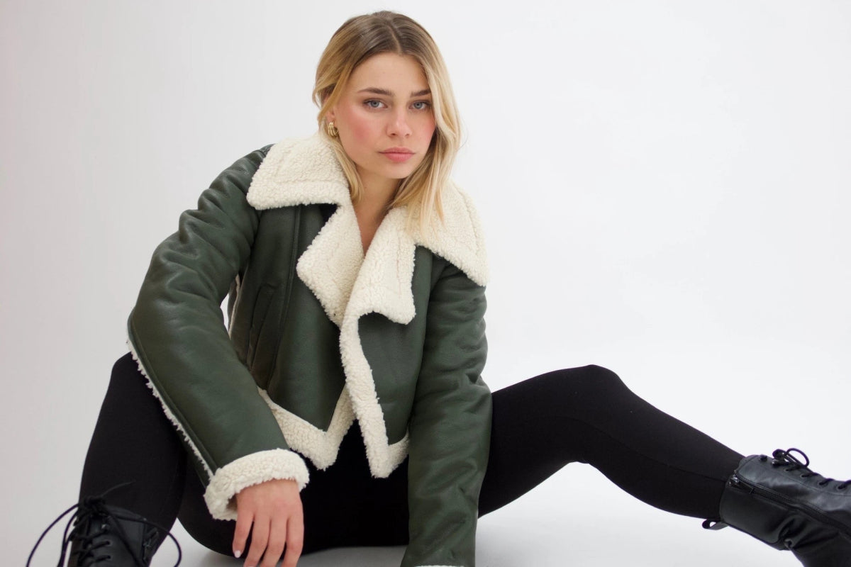 Blouson aviateur kaki en similicuir et moumoute - RIVE GAUCHE