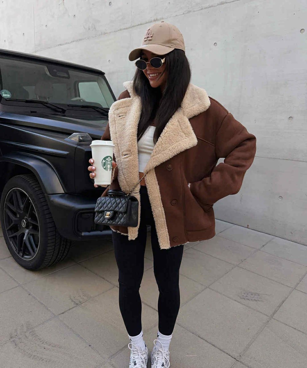 Blouson aviateur marron en daim synthétique doublé en moumoute - RIVE GAUCHE