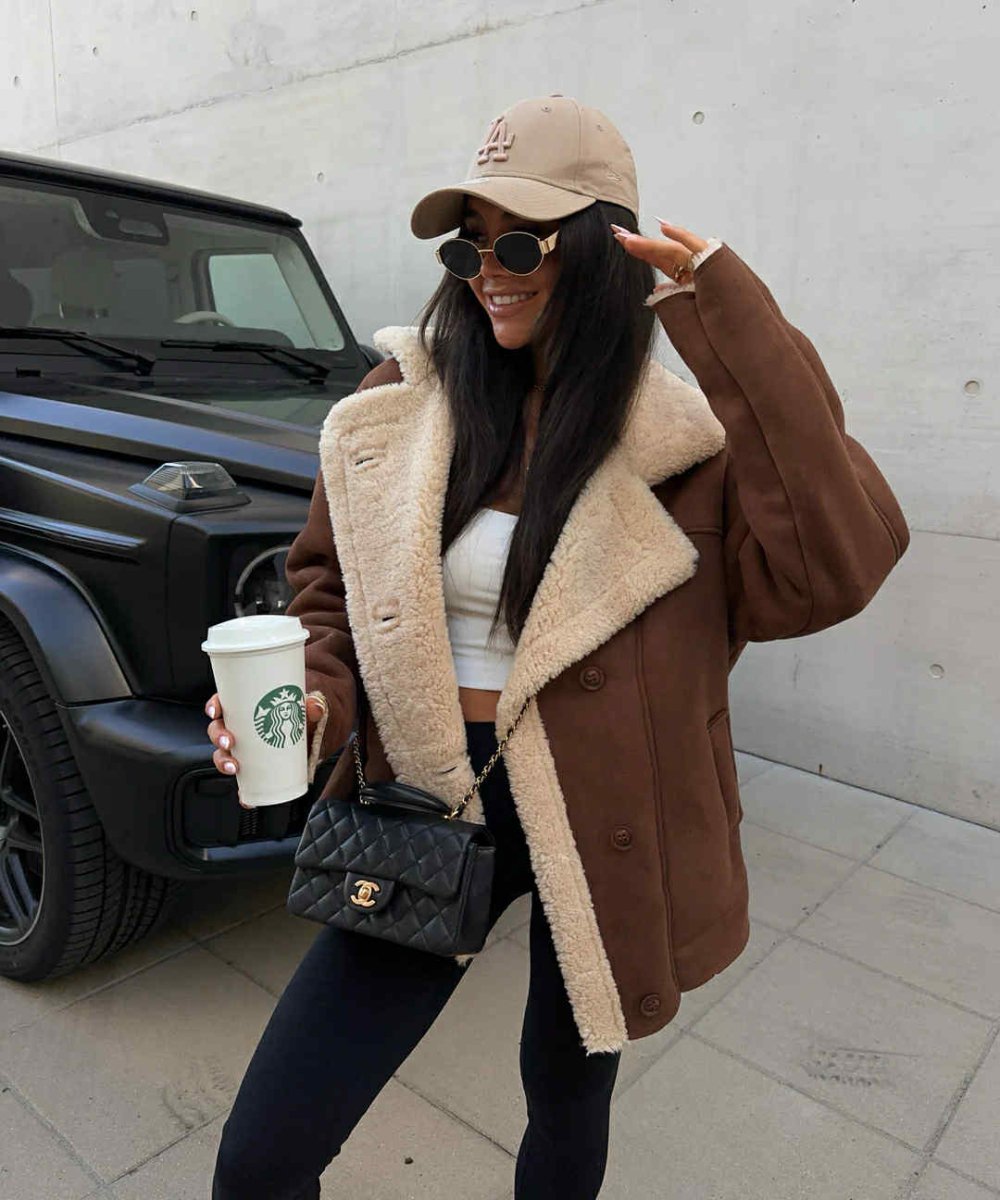 Blouson aviateur marron en daim synthétique doublé en moumoute - RIVE GAUCHE