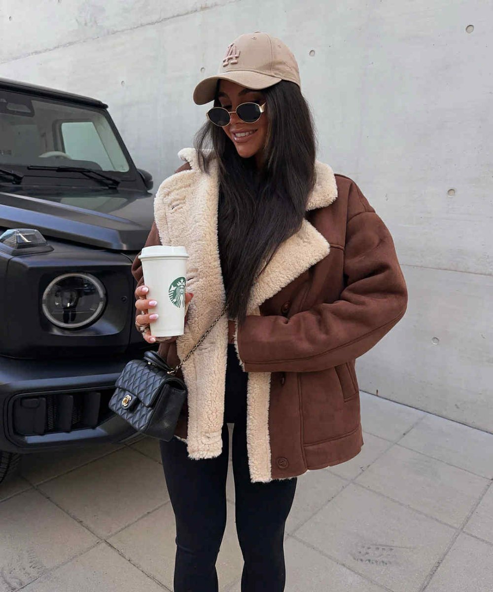 Blouson aviateur marron en daim synthétique doublé en moumoute - RIVE GAUCHE