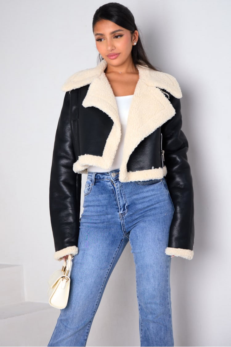 Blouson aviateur noir court en similicuir avec bordures moumoute - RIVE GAUCHE