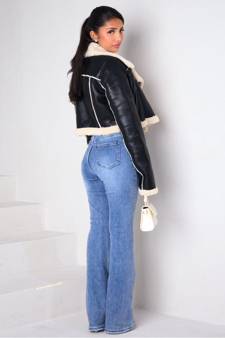 Blouson aviateur noir court en similicuir avec bordures moumoute - RIVE GAUCHE