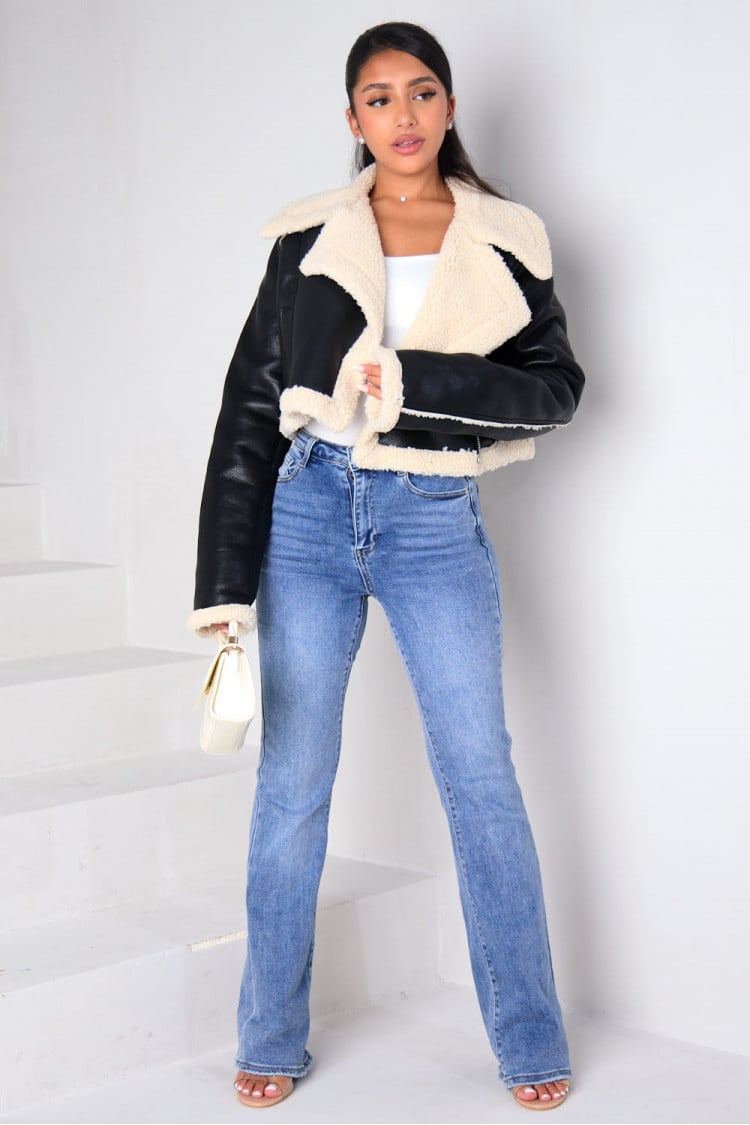 Blouson aviateur noir court en similicuir avec bordures moumoute - RIVE GAUCHE