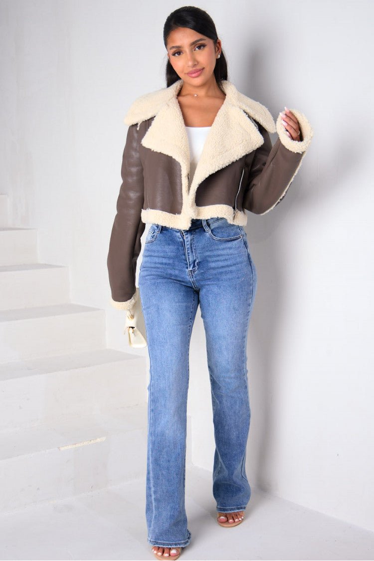 Blouson aviateur taupe court en similicuir avec bordures moumoute - RIVE GAUCHE