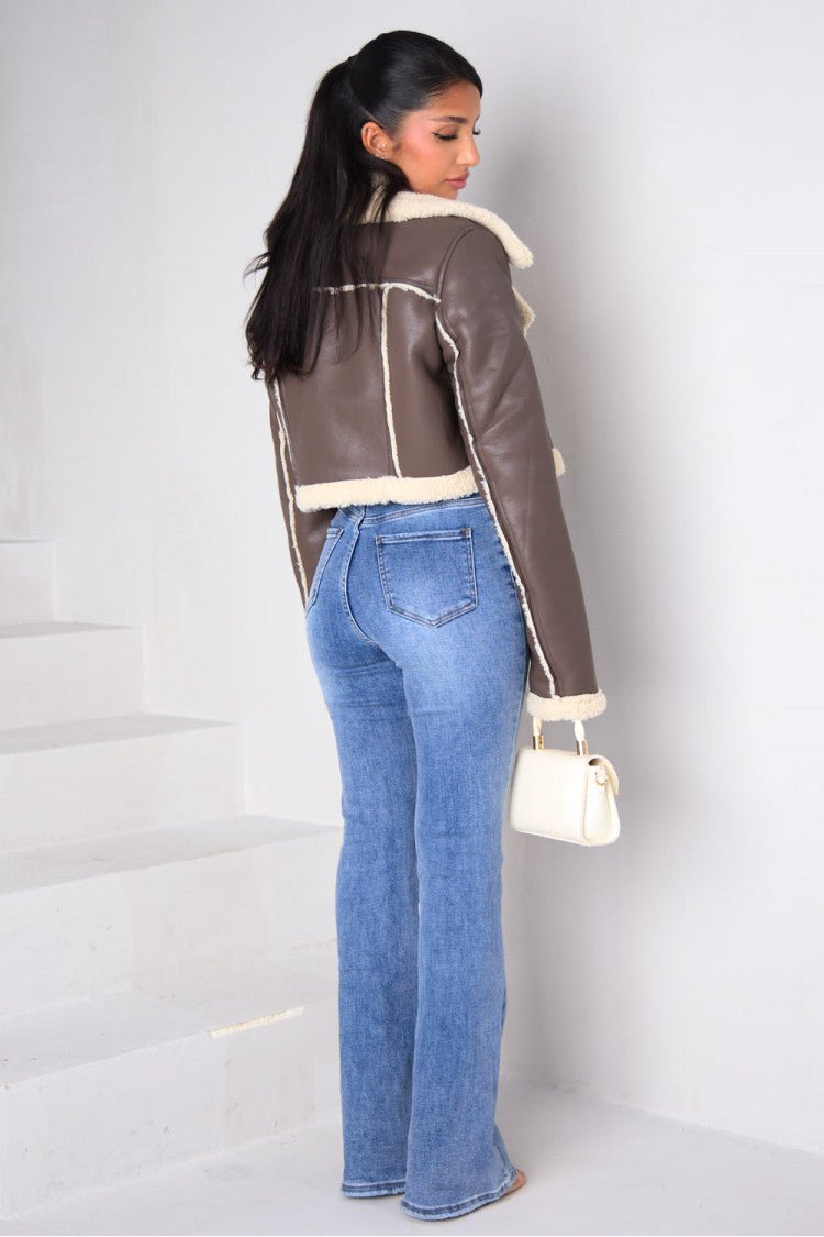 Blouson aviateur taupe court en similicuir avec bordures moumoute - RIVE GAUCHE