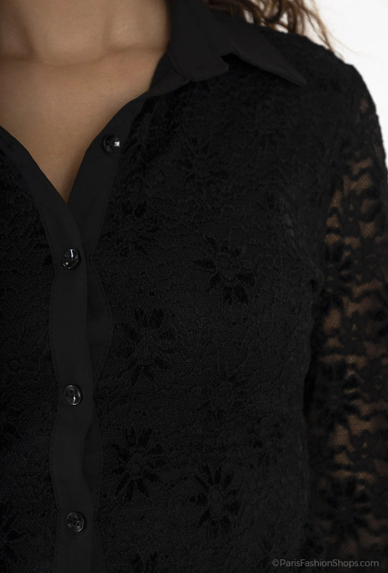 Body chemisier à dentelles noir - RIVE GAUCHE