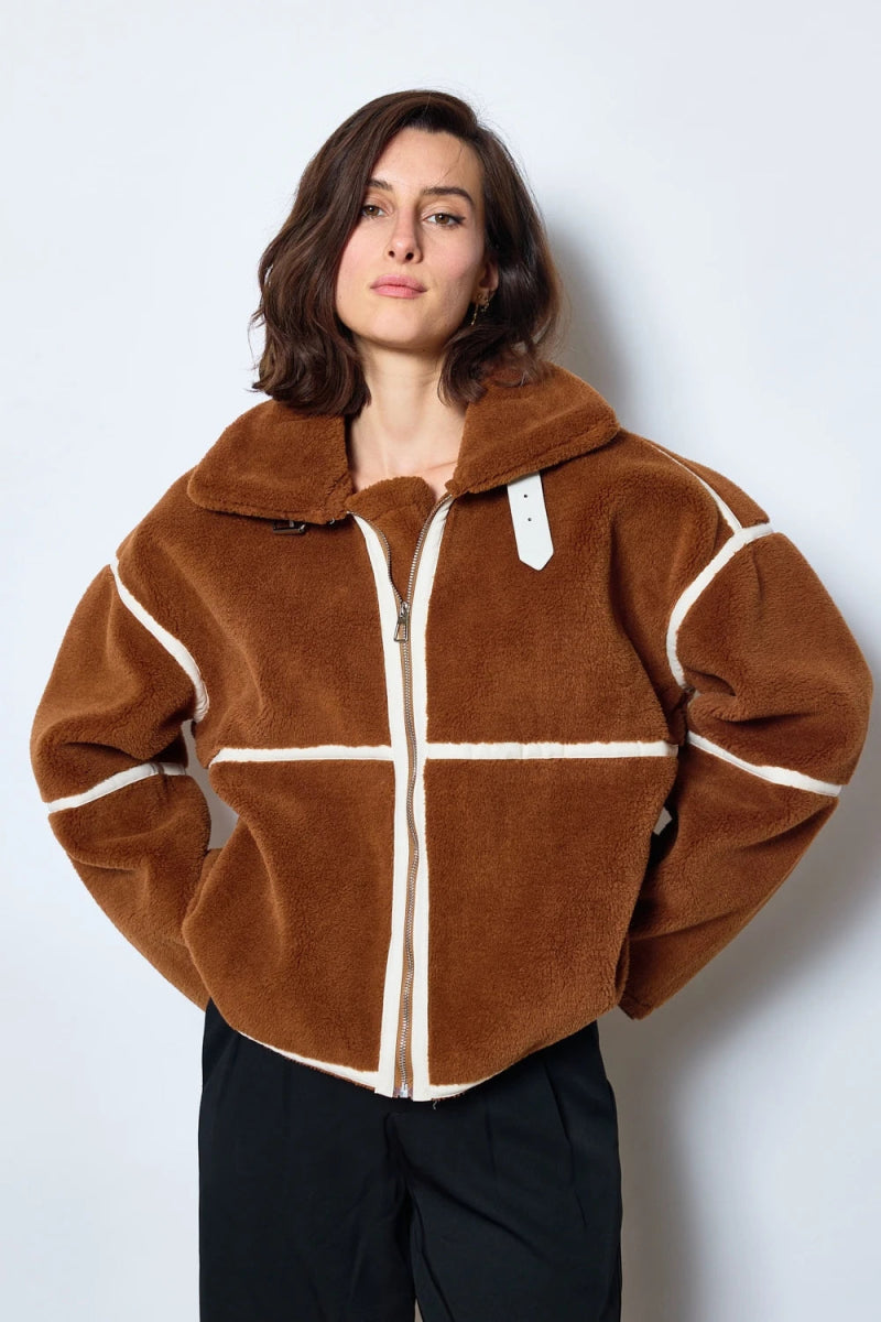 Bombardier tout doux en sherpa marron avec détails contrastés - RIVE GAUCHE