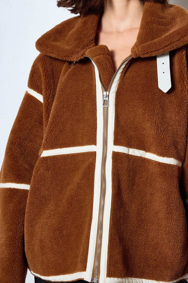 Bombardier tout doux en sherpa marron avec détails contrastés - RIVE GAUCHE