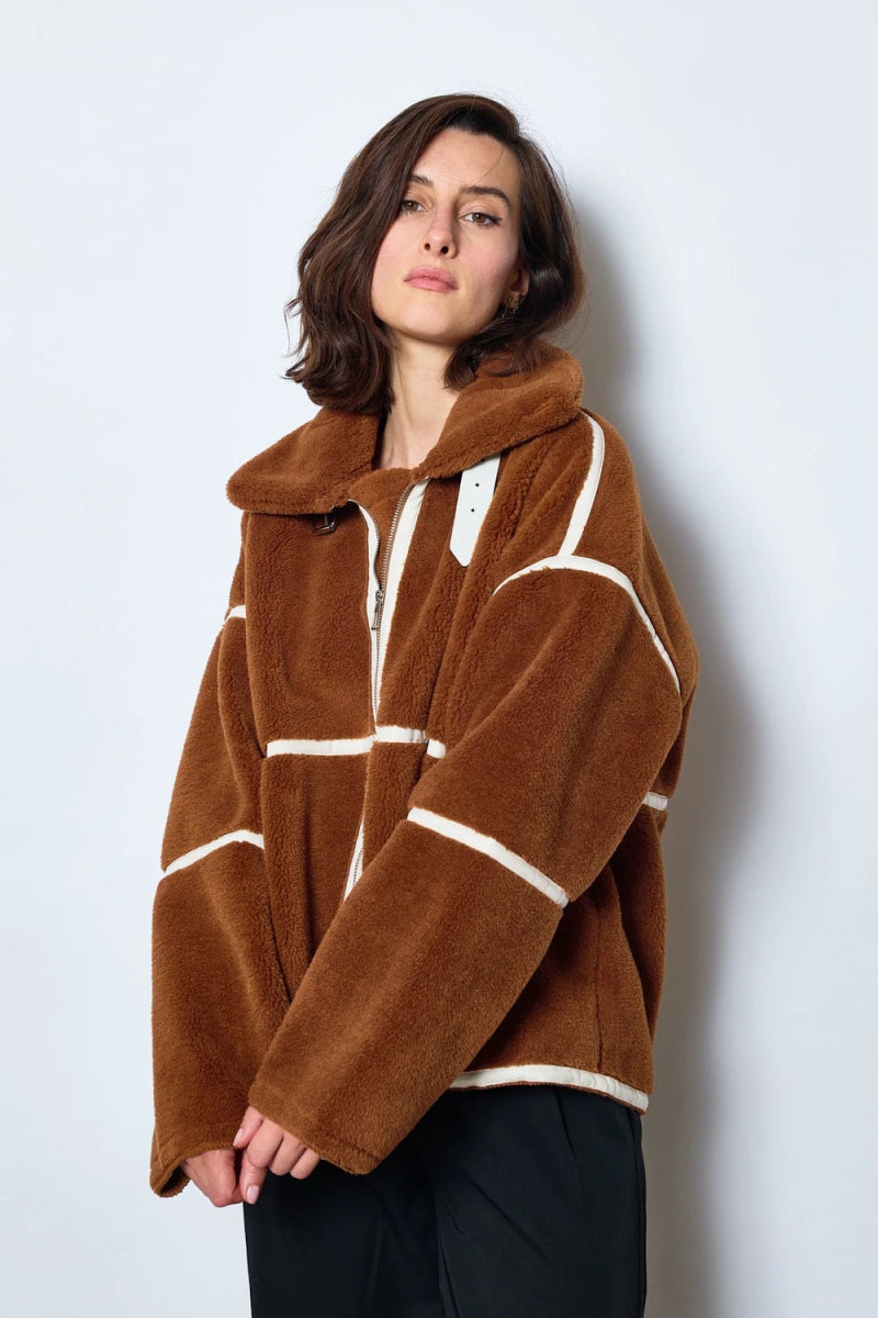 Bombardier tout doux en sherpa marron avec détails contrastés - RIVE GAUCHE