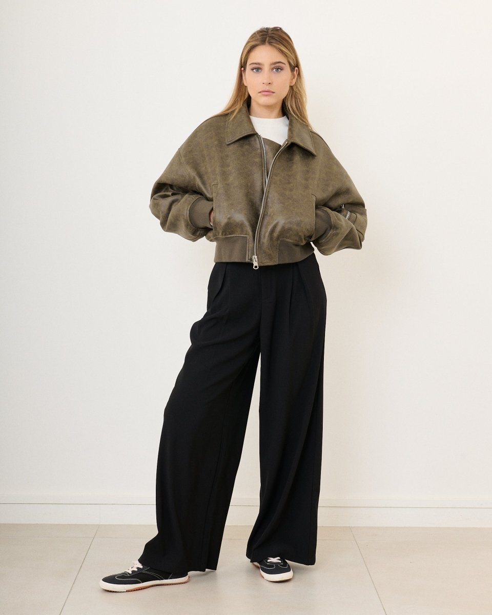 Bomber oversize en simili cuir vieilli kaki - RIVE GAUCHE