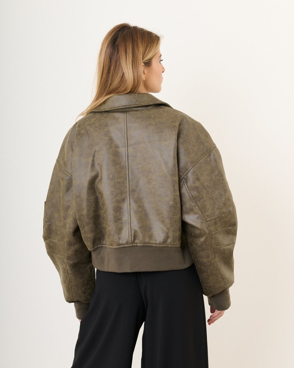 Bomber oversize en simili cuir vieilli kaki - RIVE GAUCHE