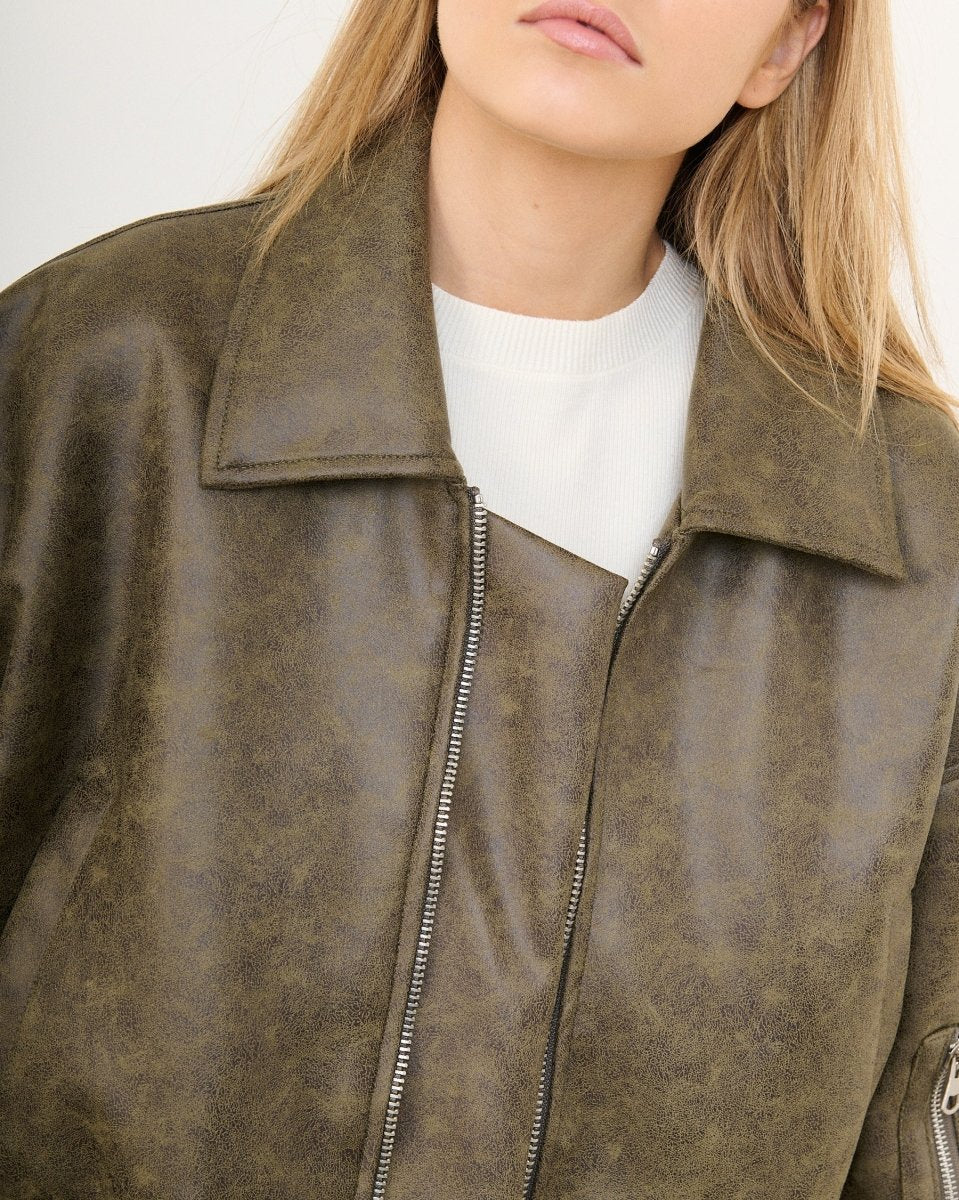 Bomber oversize en simili cuir vieilli kaki - RIVE GAUCHE