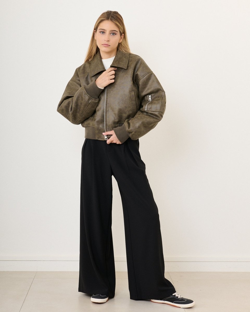 Bomber oversize en simili cuir vieilli kaki - RIVE GAUCHE