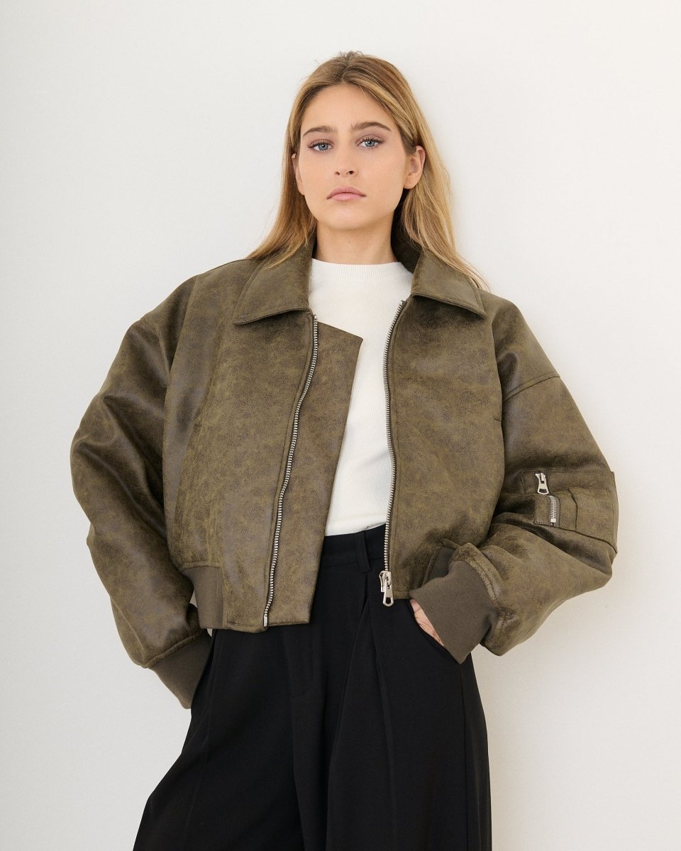 Bomber oversize en simili cuir vieilli kaki - RIVE GAUCHE