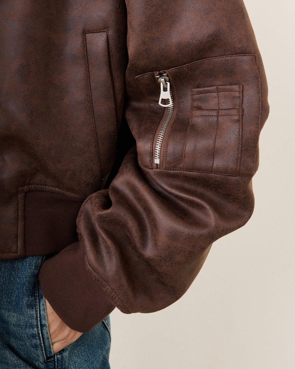 Bomber oversize en simili cuir vieilli marron - RIVE GAUCHE