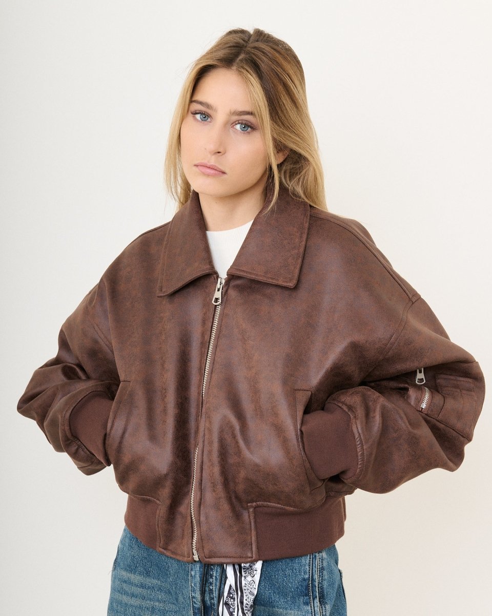 Bomber oversize en simili cuir vieilli marron - RIVE GAUCHE