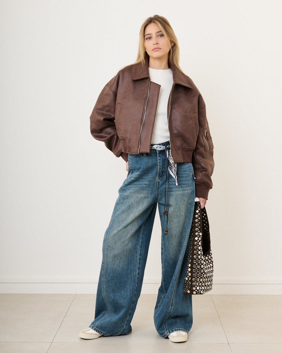 Bomber oversize en simili cuir vieilli marron - RIVE GAUCHE