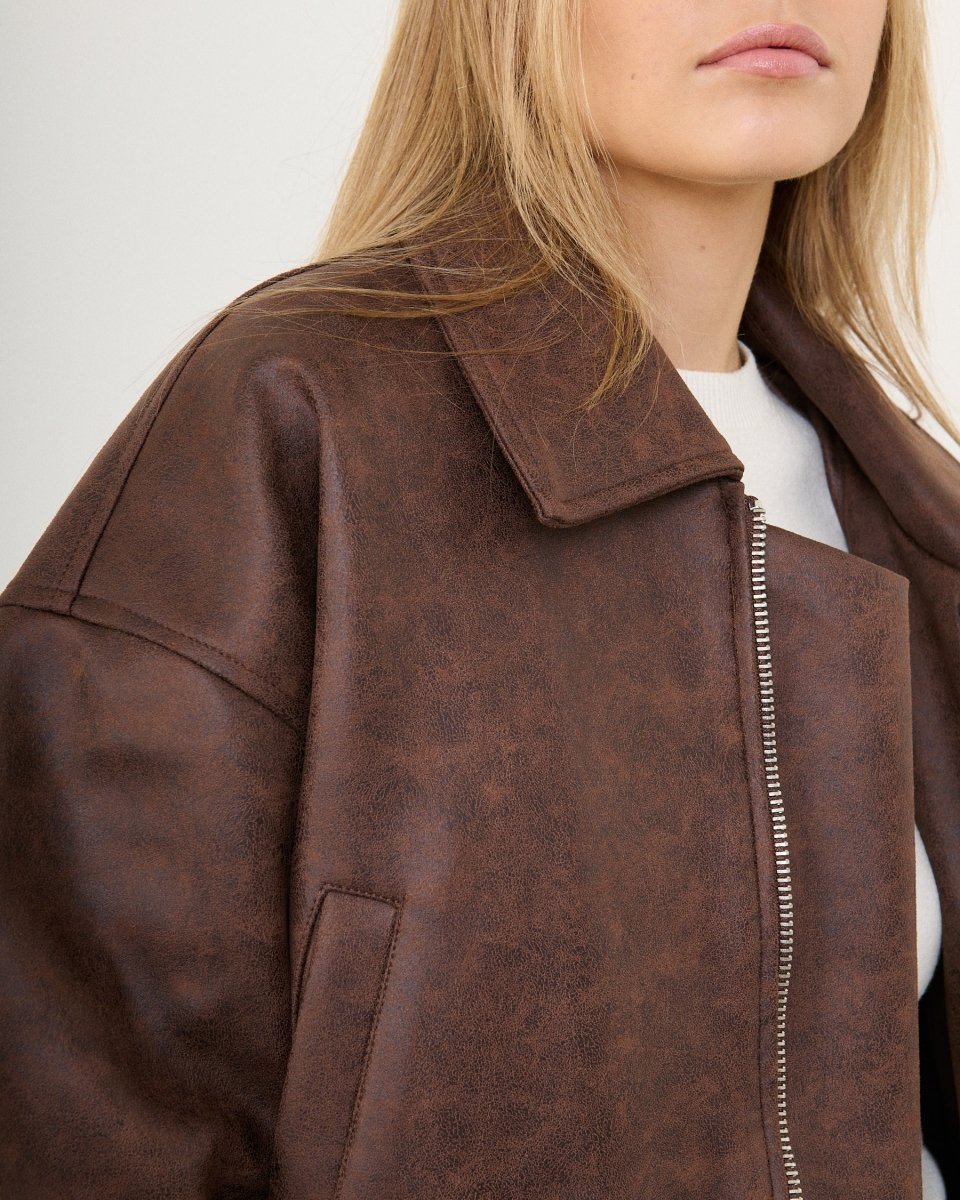 Bomber oversize en simili cuir vieilli marron - RIVE GAUCHE