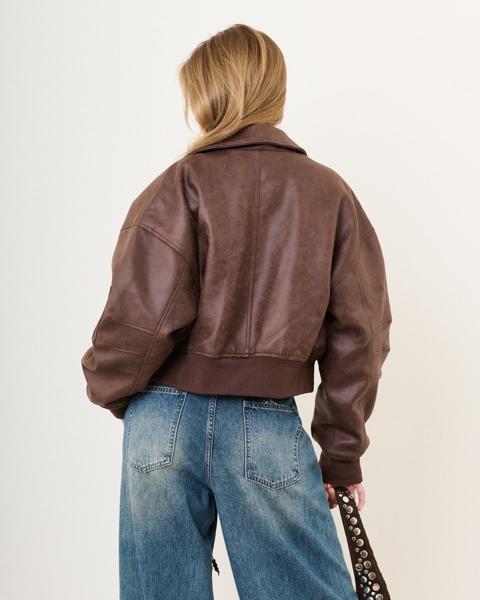 Bomber oversize en simili cuir vieilli marron - RIVE GAUCHE