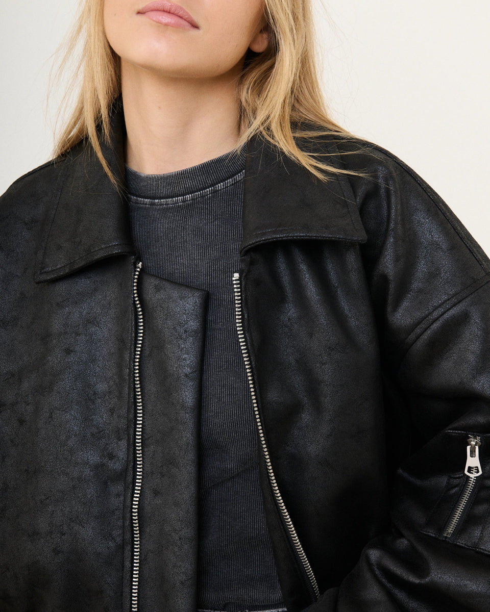 Bomber oversize en simili cuir vieilli noir - RIVE GAUCHE