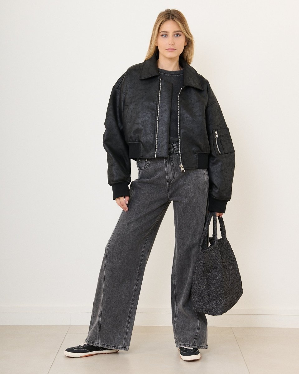 Bomber oversize en simili cuir vieilli noir - RIVE GAUCHE