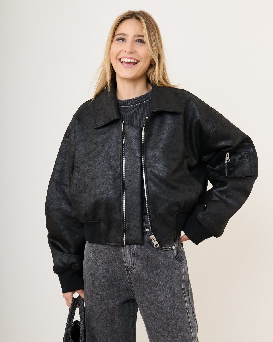 Bomber oversize en simili cuir vieilli noir - RIVE GAUCHE