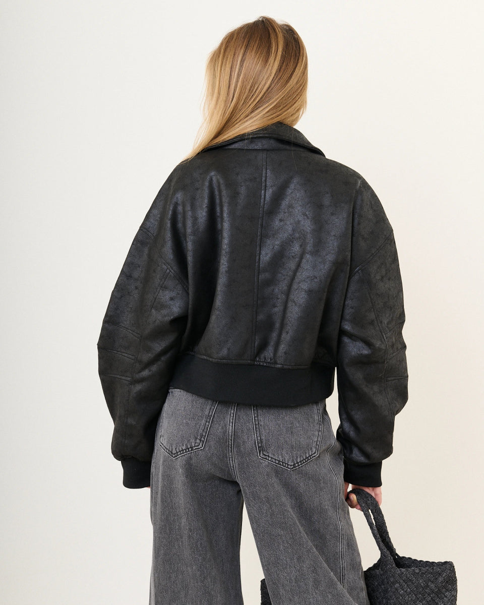 Bomber oversize en simili cuir vieilli noir - RIVE GAUCHE