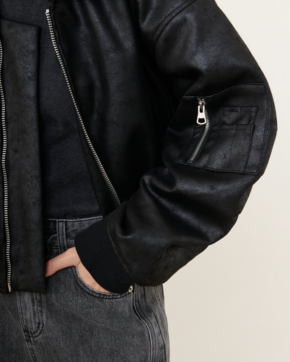 Bomber oversize en simili cuir vieilli noir - RIVE GAUCHE