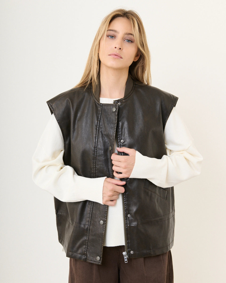 Bomber sans manches marron foncé en simili cuir effet vieilli - RIVE GAUCHE