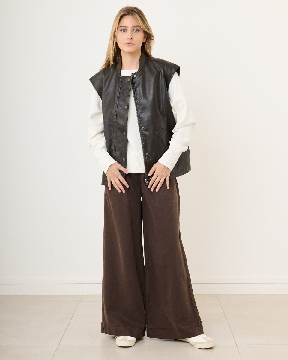 Bomber sans manches marron foncé en simili cuir effet vieilli - RIVE GAUCHE