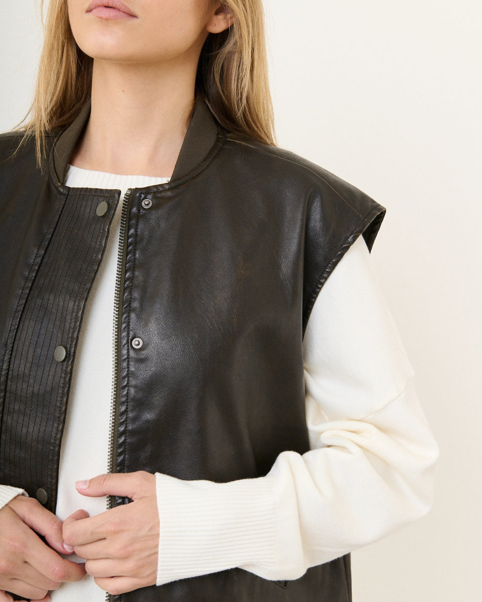 Bomber sans manches marron foncé en simili cuir effet vieilli - RIVE GAUCHE