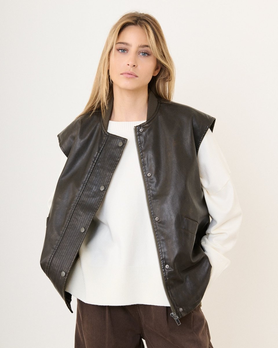 Bomber sans manches marron foncé en simili cuir effet vieilli - RIVE GAUCHE