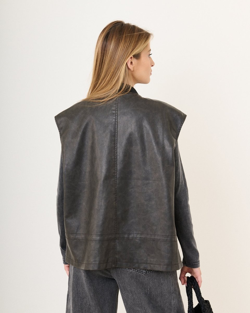 Bomber sans manches noir en simili cuir effet vieilli - RIVE GAUCHE