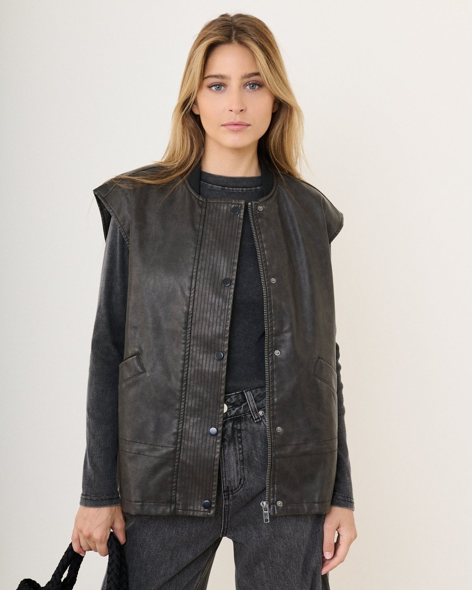 Bomber sans manches noir en simili cuir effet vieilli - RIVE GAUCHE