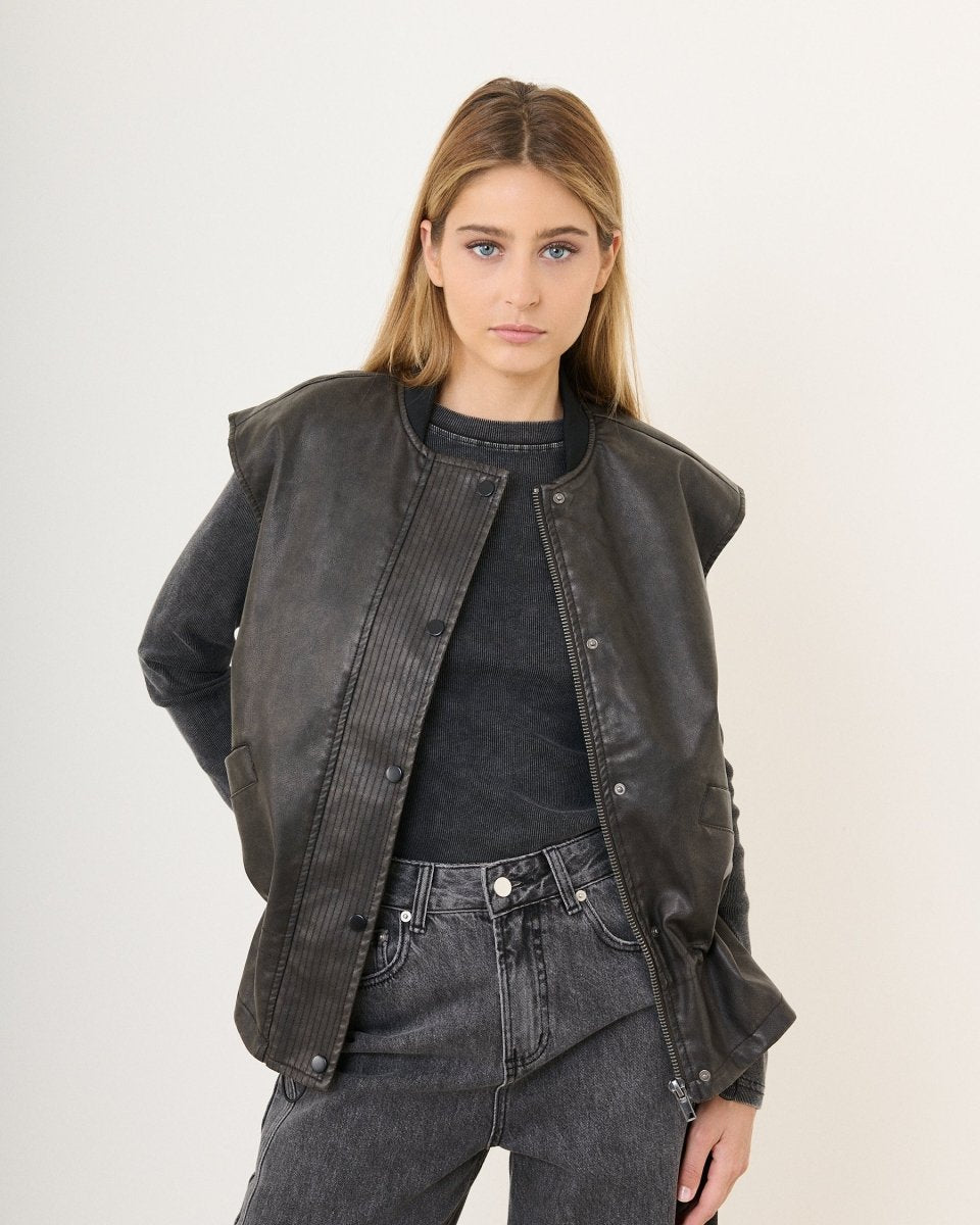 Bomber sans manches noir en simili cuir effet vieilli - RIVE GAUCHE